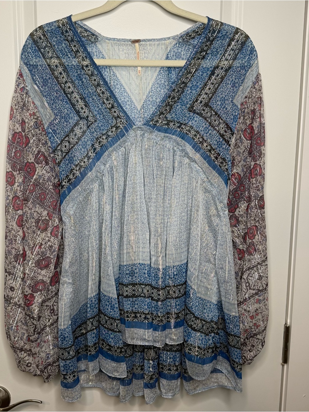 Free People Light Blue Mixed-Print Boho Tunic with Red-Accent Sleeves